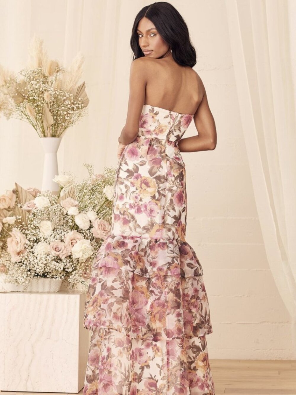 NWT Lulus Fleur of Dreams Ivory and Pink Floral Print Organza Maxi Dress size S - Picture 4 of 14